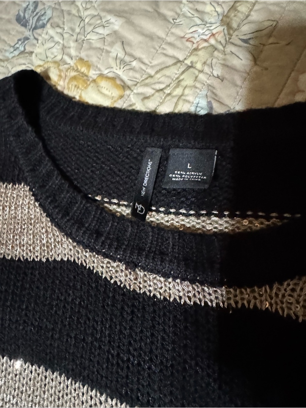New Directions Black and Cream Striped Sweater - L